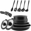 Abizoe 12-Piece Frying Pan and Pot Set, Diamond-Coated Black, Storage, Gas/IH Compatible, Removable Handles, 18-26cm (Black)