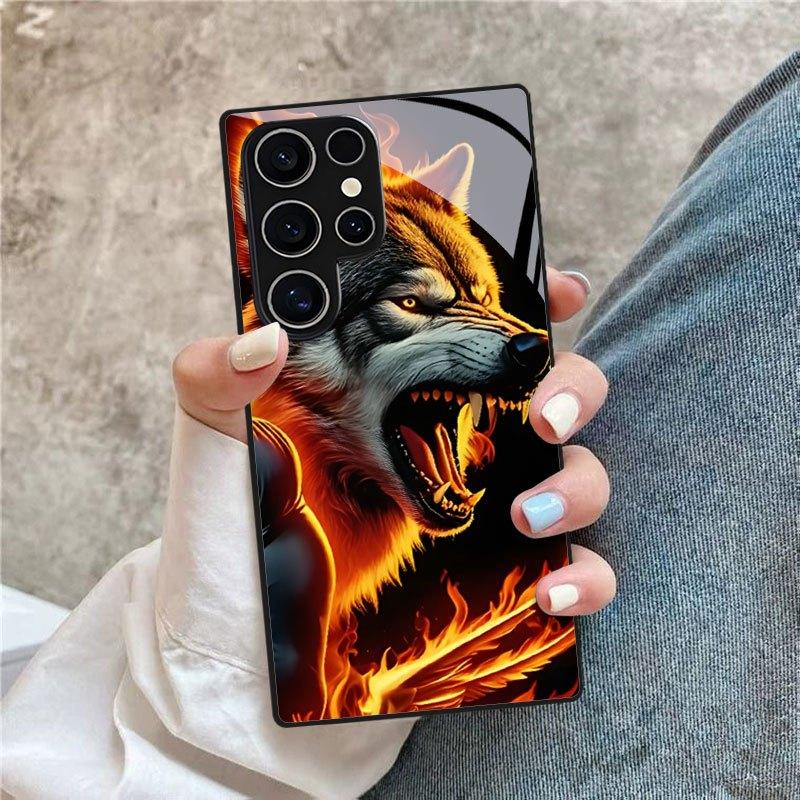 Flaming Wolf Head Phone Case for Samsung Galaxy S26 S25 S24 S23 S22 FE Ultra Plus Fashion Phone Cases Carcasa Glass Coque Fundas