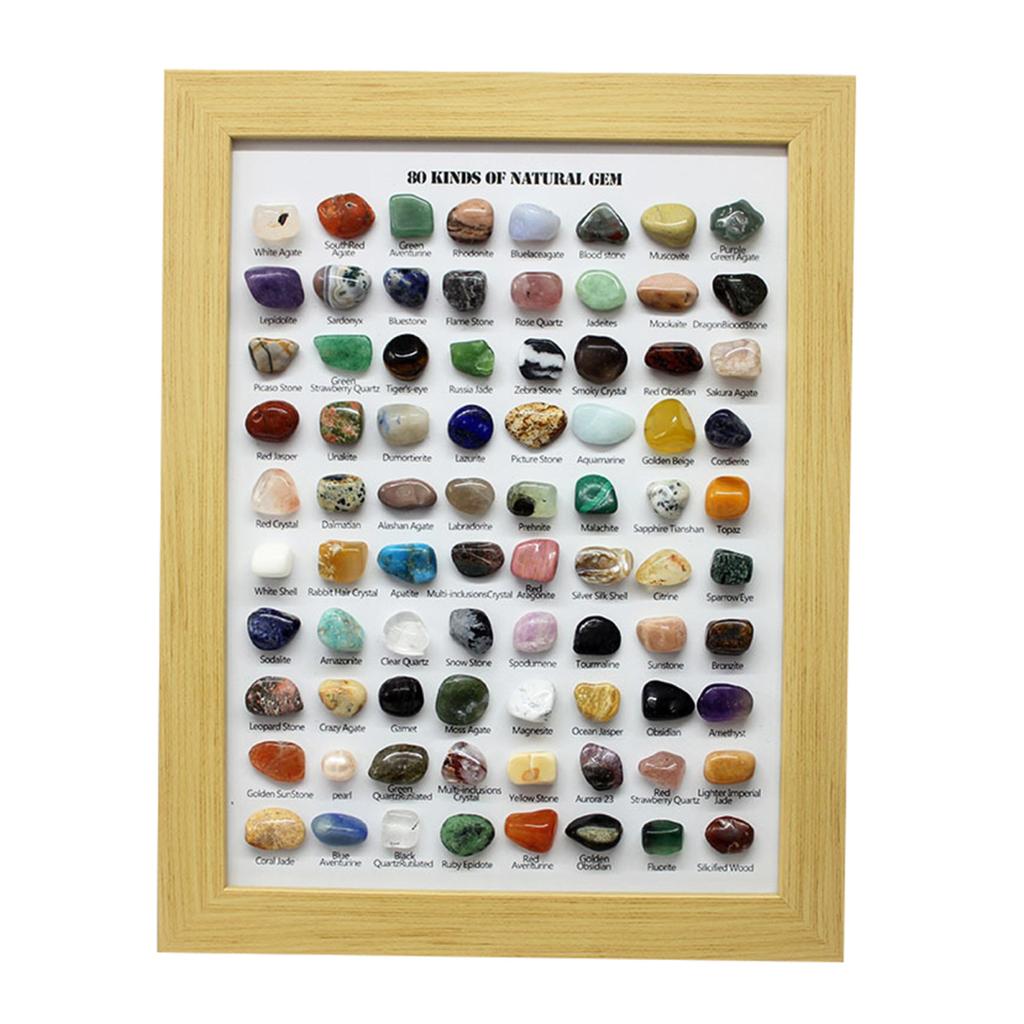 80 Natural Gemstones Collection Crystal Ore Exhibit Set Collectible Gems In Wooden Frame Educational Gift for Kids Gem Lovers