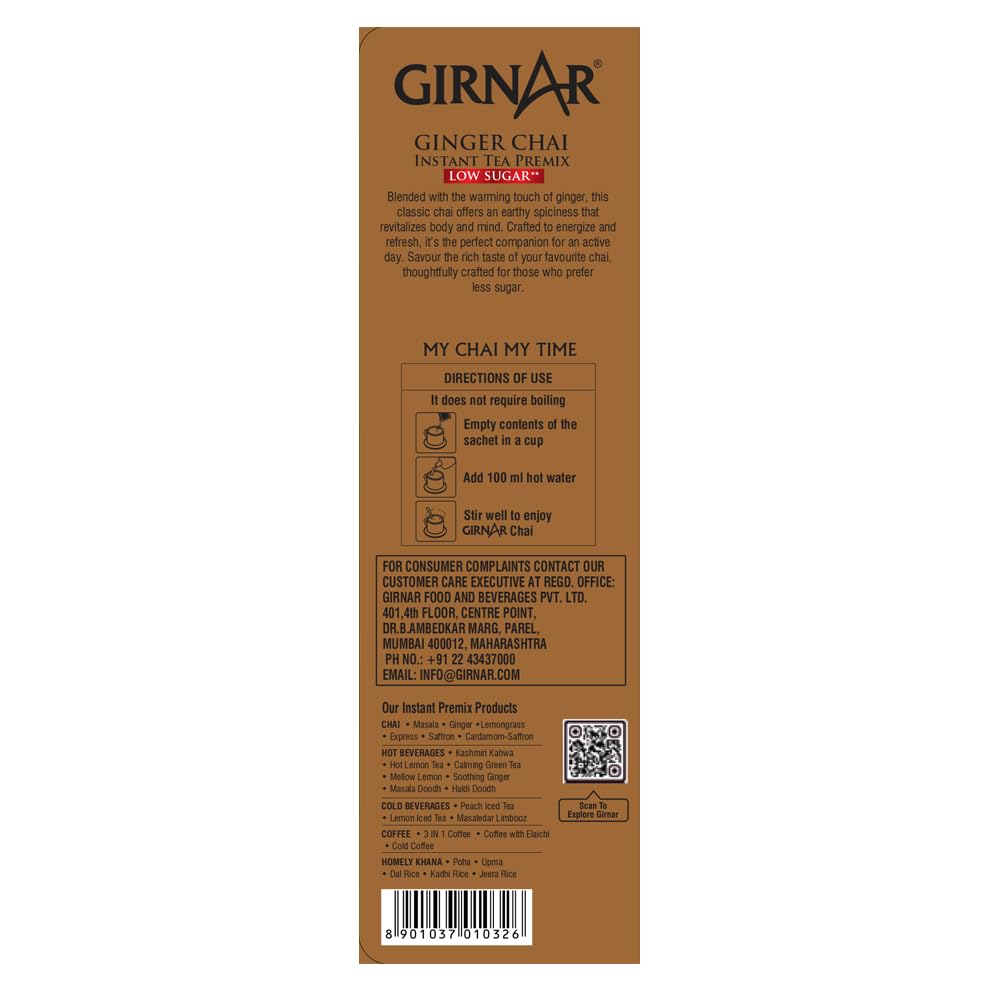 Girnar Instant Ginger Tea Premix Low Sugar 10 Sachets Caffeine Free Single Serve Beverage