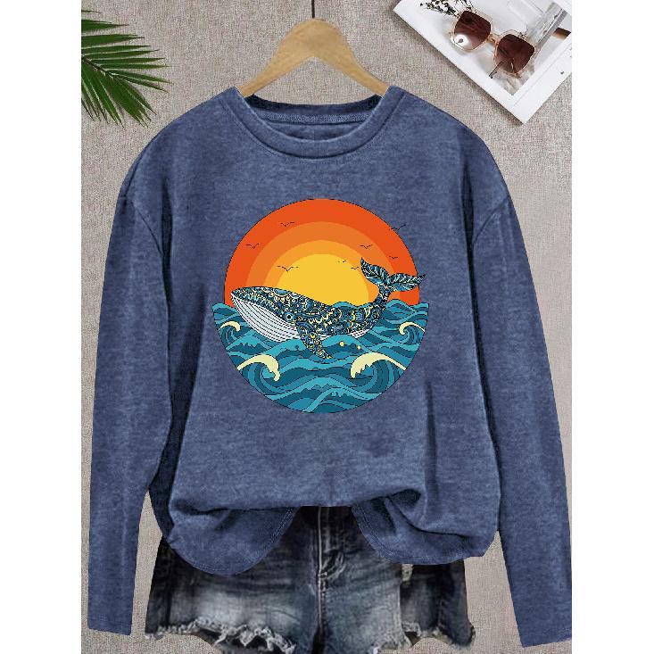 2026 New Elegant Women's Round Neck Long Sleeve T-Shirt Ethnic style design with whale & sunset illustration print, vintage distressed casual fit