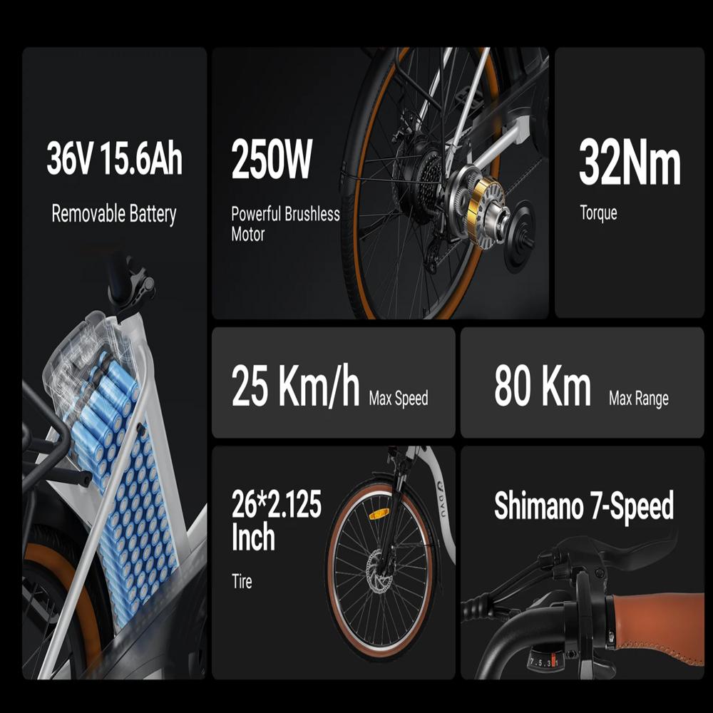 Electric Bike DYU C6 Pro 26" 250W Motor City Ebike 15.6AH Max Range 80Km Load 120Kg White