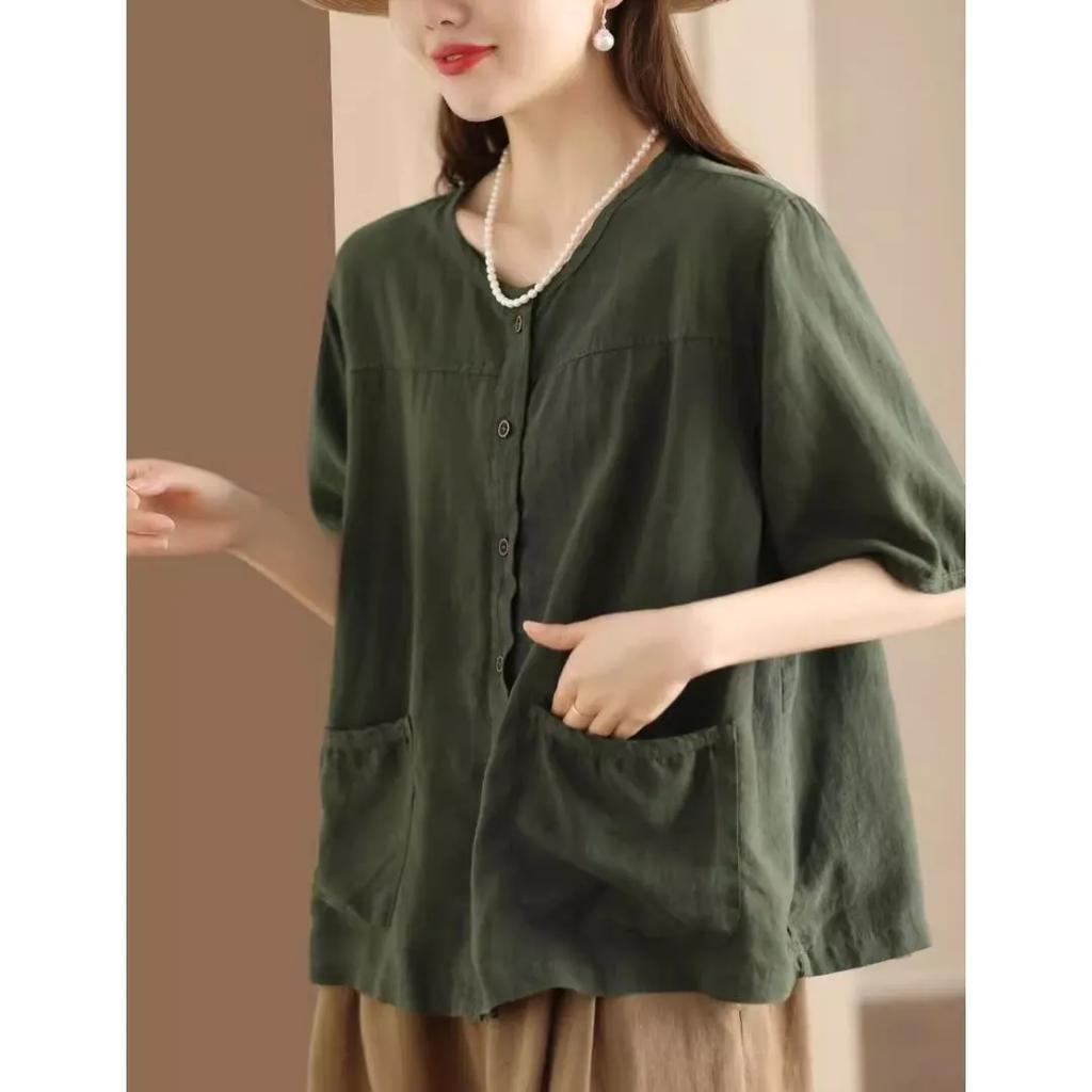 Женская летняя однотонная повседневная рубашка в стиле ретро с короткими рукавами, однобортный повседневный удобный топ