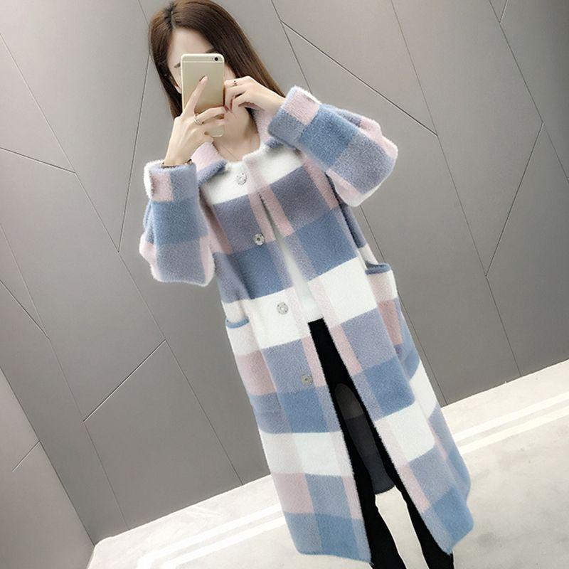 Stylish and Warm: New Spring Collection Faux Mink Fur Collar Over-Knee Loose Plus-Size Knitted Cardigan Coat for Women