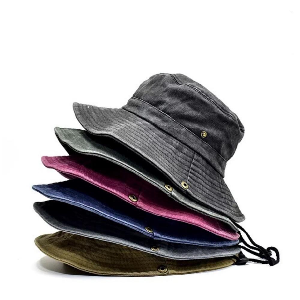 Washed Fisherman Cap Outdoor Bucket Hat Wide Brim Sun Protection Adjustable Drawstring Foldable Design for Fishing Hiking Unisex