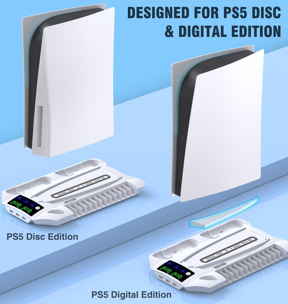 VAORLO Аксессуары для PS5 Вертикальная подставка охлаждающего вентилятора для PS5 Зарядная док-станция с двумя контроллерами Быстрая светодиодная зарядная станция для PS 5