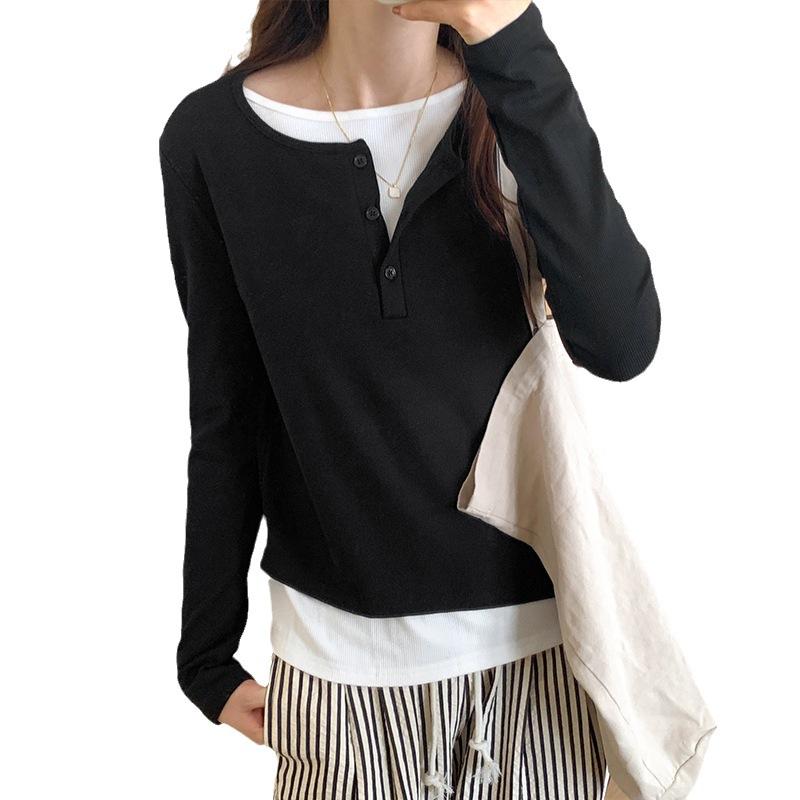 Contrast Color Fake Two-piece Long-sleeved T-shirt for Women In Autumn New Round Neck Top Loose and Versatile Niche Bottoming Shirt