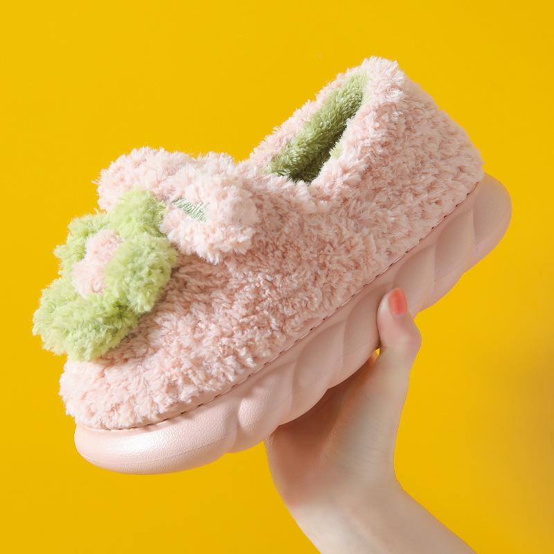 Зимние теплые тапочки женские 4 см высокие каблуки нескользящие плюшевые хлопковые туфли с эффектом памяти милые цветы домашние спальни женские меховые шлепанцы