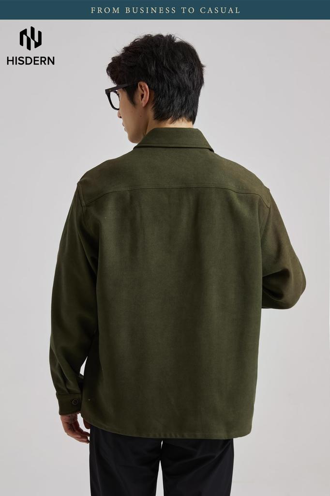 HISDERN Long Sleeve Thick Corduroy Shirt Loose Size M Men's Jacket, Fit, Winter, Green,