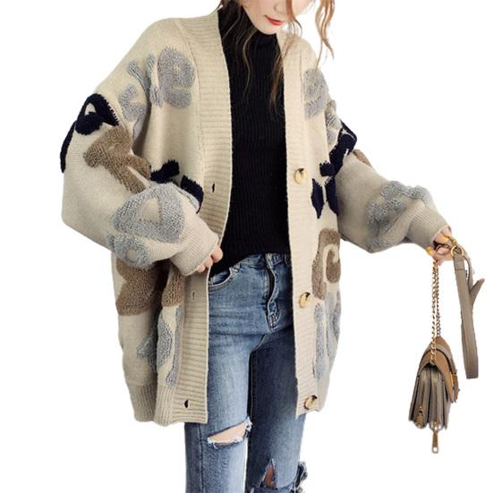 Осень-зима женский свитер пальто с буквенным узором подходящего цвета свободный толстый вязаный однобортный кардиган средней длины с длинными рукавами женский уютный свитер