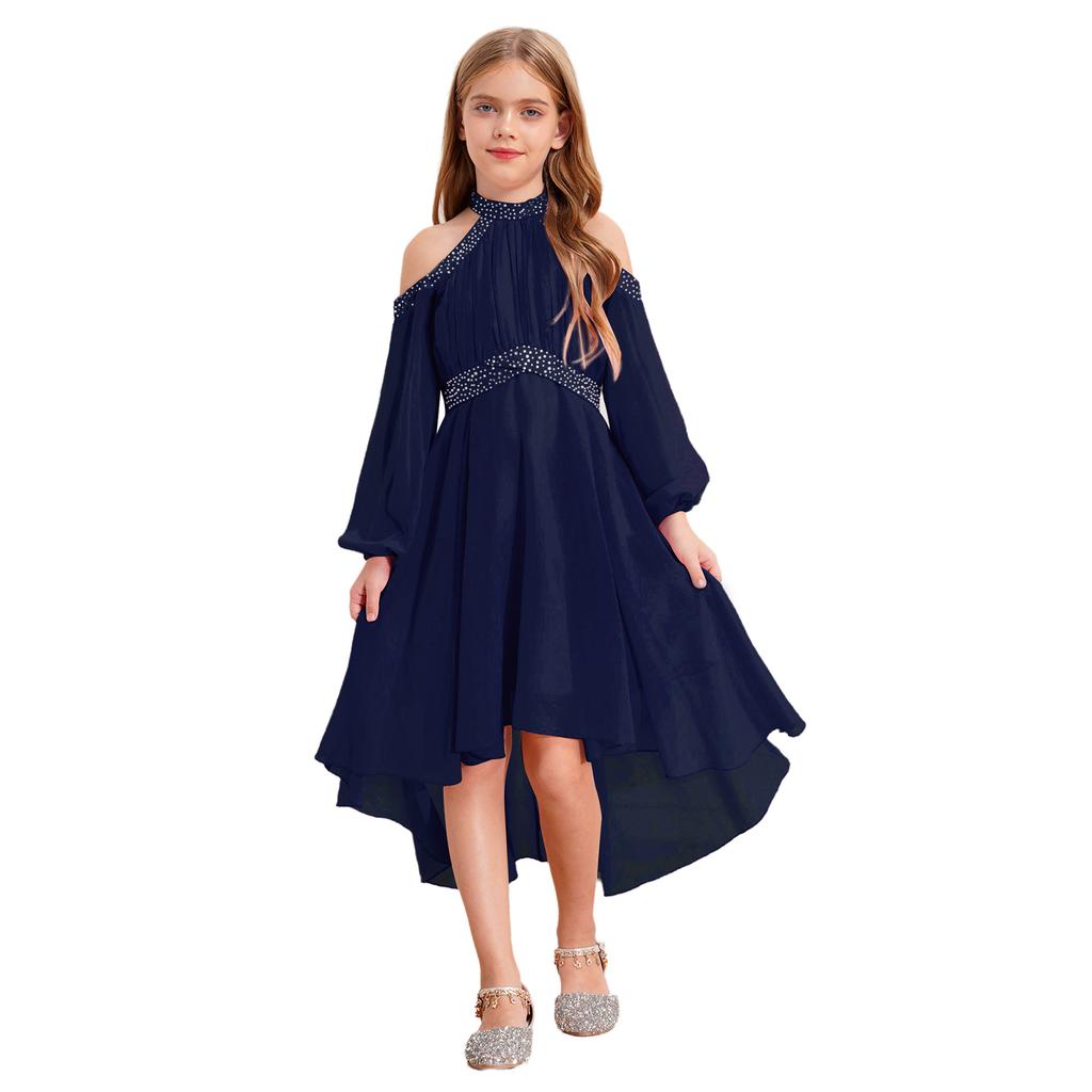 Girls Elegant Party Gown Halter Off Shoulder Long Sleeve High Waist Ruffled Irregular Hem Fake Diamond Design Dress