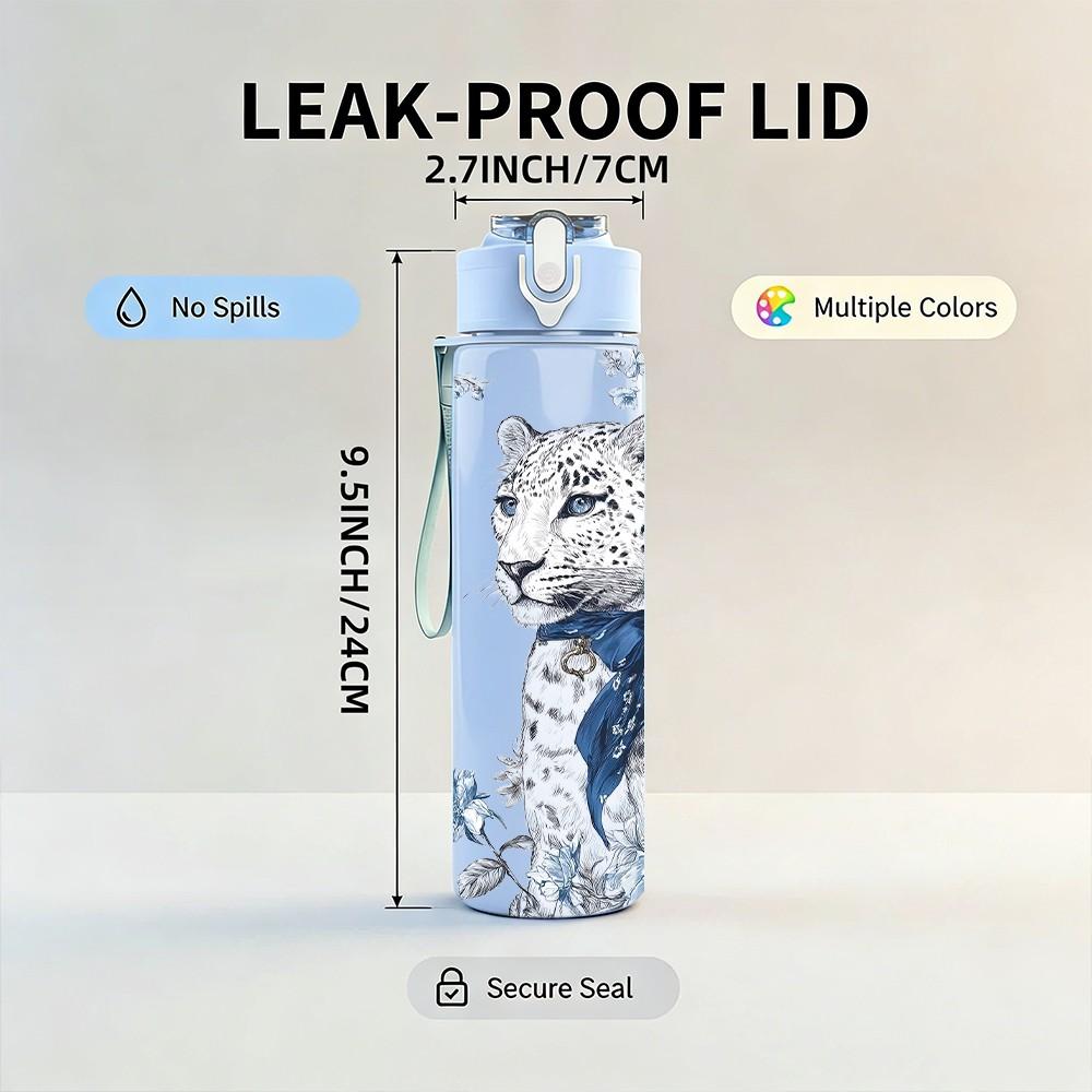 1PC Snow Leopard Realistic Wild Animal Portrait 750ml Color Plastic Sports Water Bottle Leakproof Flip Straw Lid Suitable for Sports Office Home Use