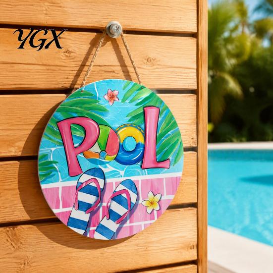 Vertical Wooden Sign Summer Pool Hanging Sign, Weather Resistant Solid Wood Plaque with Decor Hemp Rope for Outdoor Beach Party And Swimming