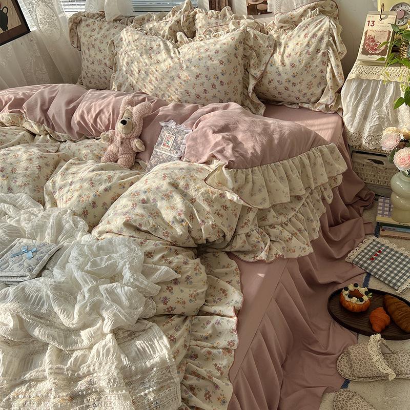 Floral Bedding Set Four-piece Romantic Skin-friendly Breathable Comfortable Washed Sheets Quilt Cover Pillowcase