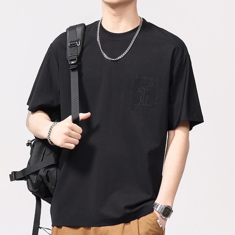 Летняя тонкая футболка из тутового шелка, прохладная, с вышивкой, с коротким рукавом, для мужчин, футболка с круглым вырезом, с коротким рукавом