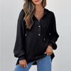 Women's Fashion Long-Sleeved Drawstring Button-Up V-Neck Casual Solid-Colour Sweatshirt Top
