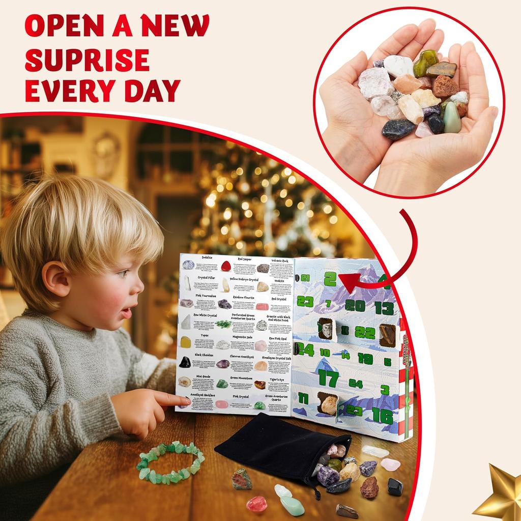 JOYFY 2025 Рождественский Адвент-календарь Драгоценные камни 24 дня Календарь обратного отсчета до Рождества Коллекция камней для детей Рождественские сувениры для вечеринки
