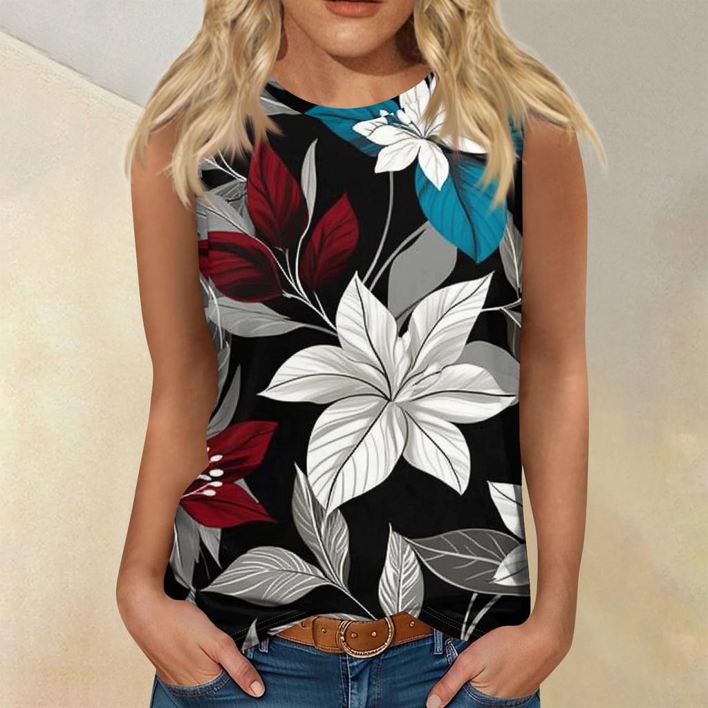 Women's Fashion Summer Round Neck Tank Top Lightweight Sleeveless  Print Tank Top