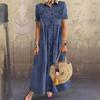 Элегантное летнее джинсовое платье, женское новое винтажное свободное платье с коротким рукавом, повседневное платье трапециевидной формы больших размеров, женское модное длинное платье-рубашка с лацканами 588