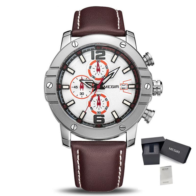 MEGIR Fashion Men's Quartz Watch Chronograph Luxury Business Casual Wristwatch Leather Strap Male Military Sports Watches 2046