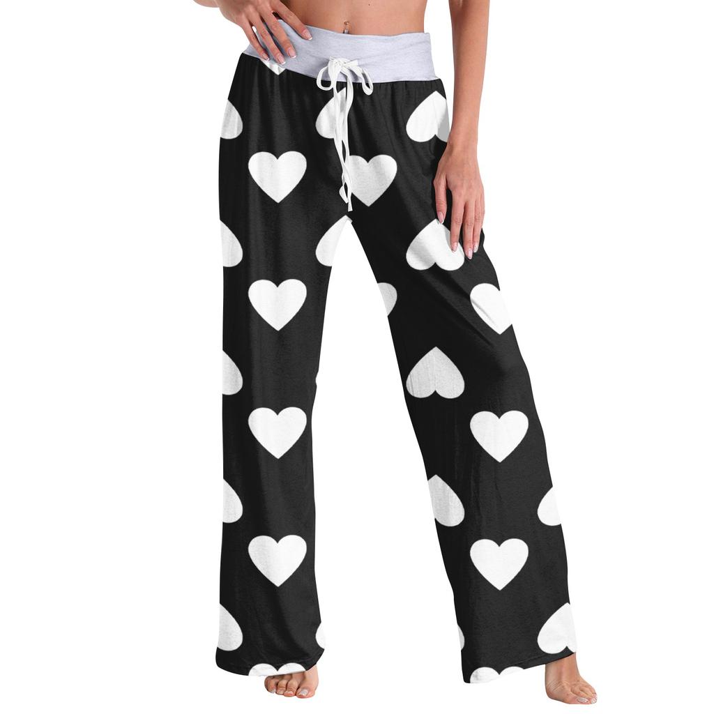 Women's Fashion Casual Comfortable Pajama Pants Love Printed Drawstring Wide Leg Pants Trousers