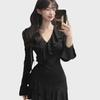 Chic V-Neck Ruffled Knitted Dress - Sexy Little Black Style for Fall/Winter