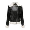 Faux Leather Jacket for Women Fleece Lined Warm Long Sleeves Slim Fit Short Coat Stylish Cropped Lapel Collar Zipper Bomber Casual Outerwear In Black