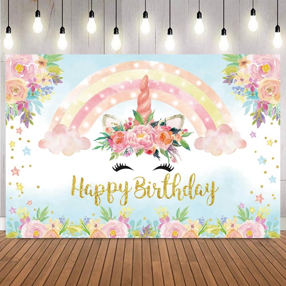 Unicorn Theme Backdrop for Girl Birthday Party Rainbow Floral Princess Baby Shower Birthday Photography Background Photo Props26