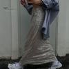 Women Maxi Skirt Elastic High Waist Shiny Sequins Long Skirt Street Style Loose Fit Skirt Night Club Stage Show Skirt