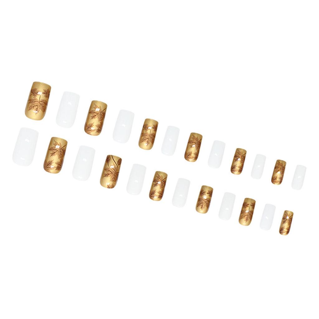 24 шт., средние квадратные накладные ногти с полным покрытием, золотые и белые кленовые листья, глянцевые накладные ногти для женщин