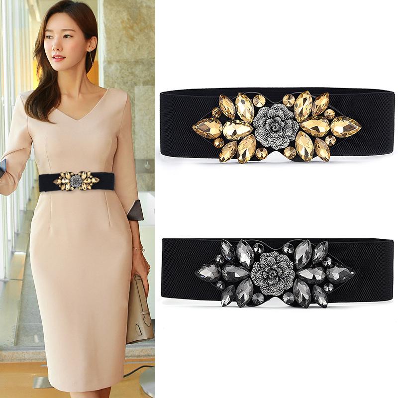 Elastic Elastic Imitation Rhinestone Waist Seal Women'S Dress Retro Flower Belt Student Personalized Decoration