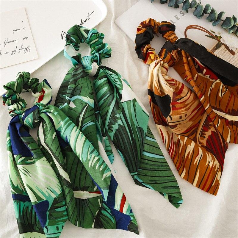 New Fashion Print Leaf Long Scarf Hair Band For Women Scrunchie Elastic Ribbon Bow Tie Ponytail Holder Hair Accessories Headwear