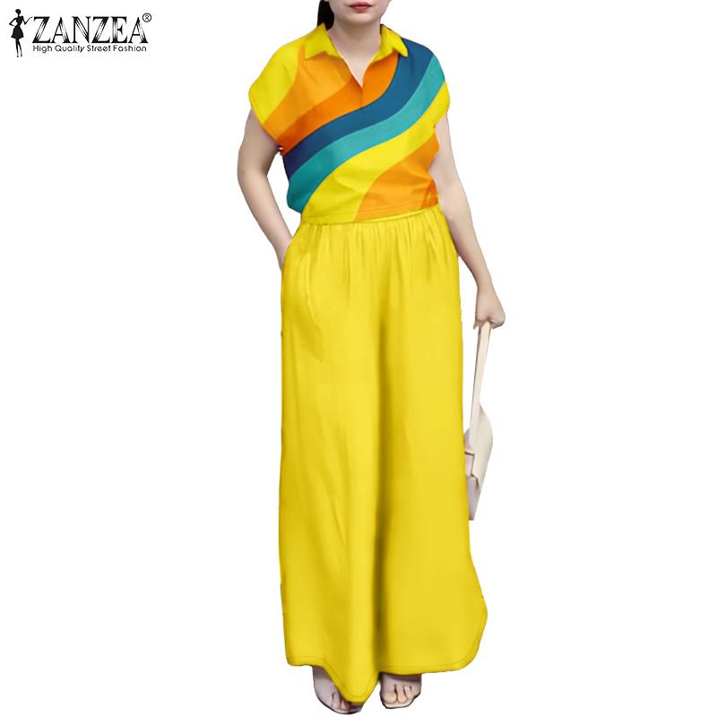 ZANZEA Women Print Blouse and Pants Summer Two Piece Suit Sets