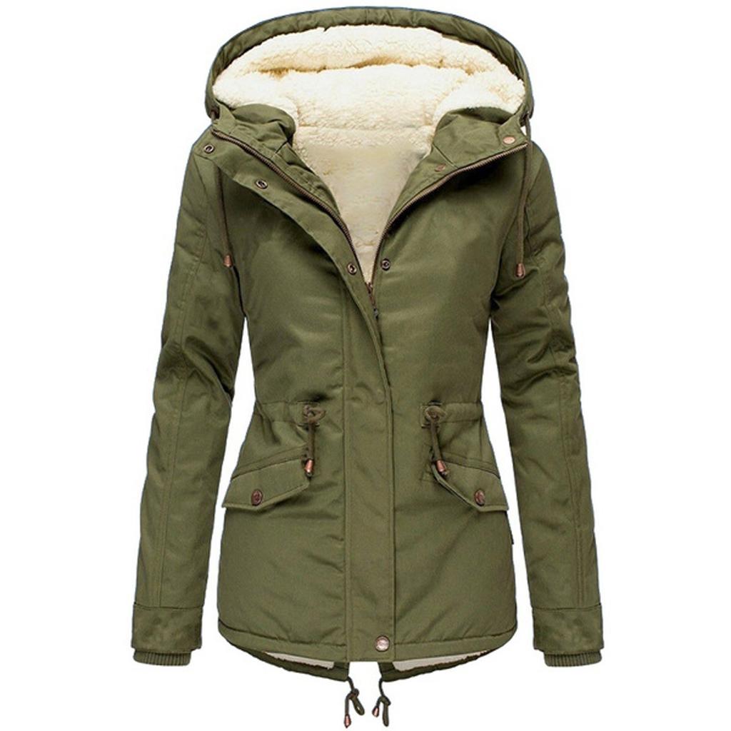 Women Drawstring Hoodie Coat  Warm Inside Fleece Padded Coat Slim Zipper Coat