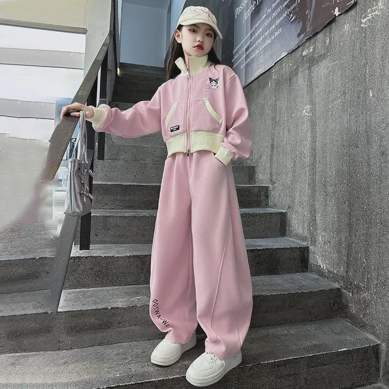 Korean Style Girls' Cartoon Sports Suit - Spring/Autumn Two-Piece Set with Cardigan Jacket & Trousers for Kids
