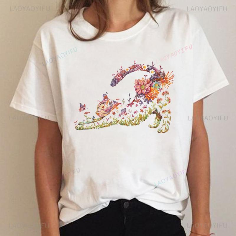 Cat Plant Lovely 90s Vintage Fashion Clothing Printed T-shirt Summer Lady Short Sleeve Harajuku Cartoon Graphic Elegant T Shirt Unisex