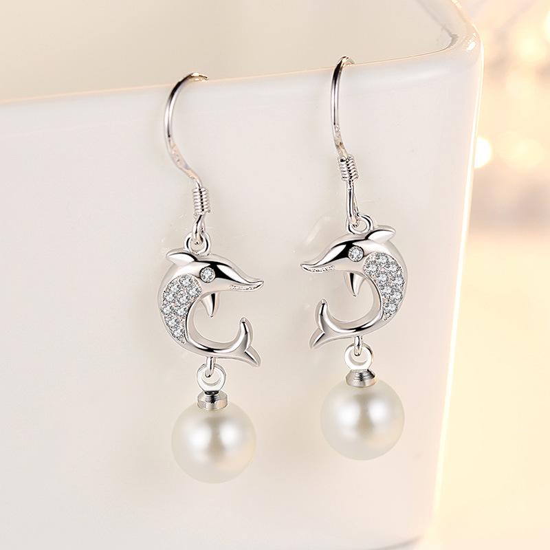 Ladies Elegant Zircon Dolphin Pearl Eardrop Earrings