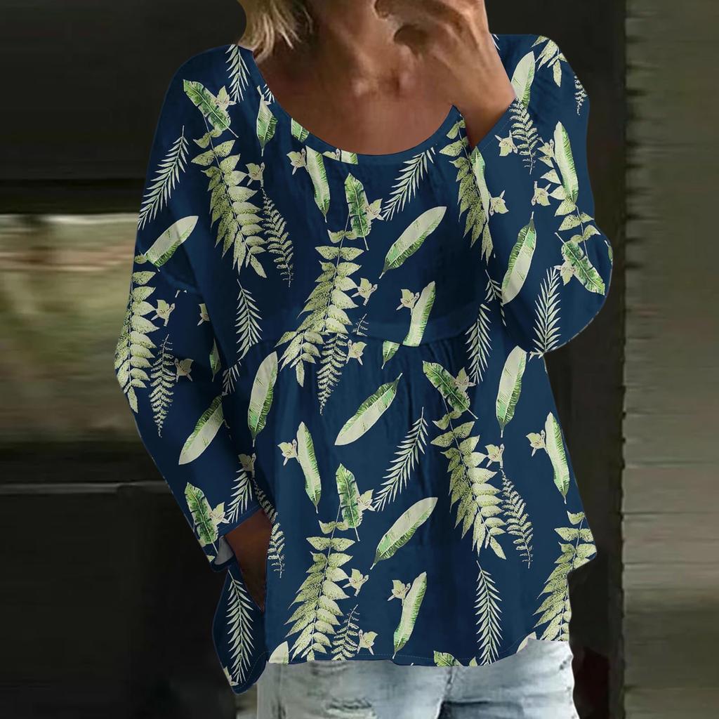 Женский повседневный модный свободный топ с круглым вырезом и цветочным принтом, с длинным рукавом