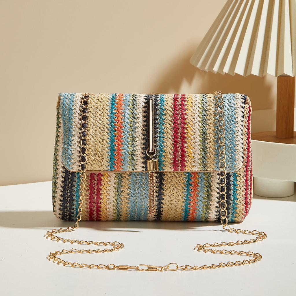 Chic Rainbow Stripe Straw Crossbody Bag for Women Adjustable Shoulder Strap Magnetic Closure Tassel Accent, Square Purse