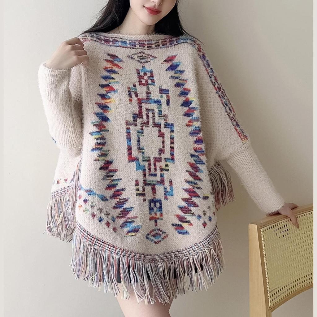 804 #Retro Ethnic Style Fringed Knitted Shawl Loose Pullover Temperament Long Sleeve Printed Sweater Cape Shawl