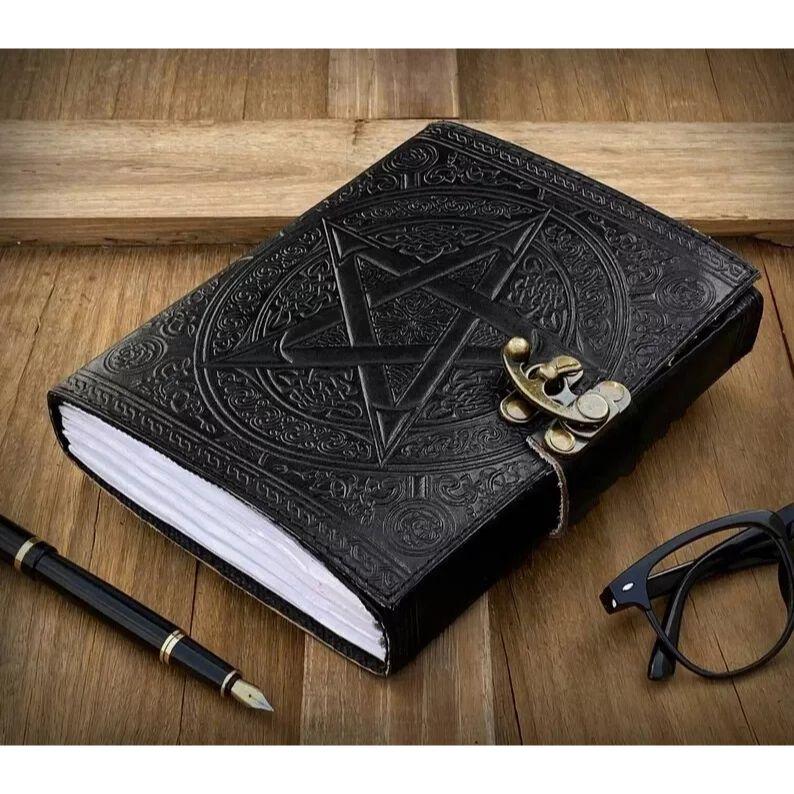 Handmade Wicca Leather Journal Black Pentagram Diary Cotton Paper For Poetry