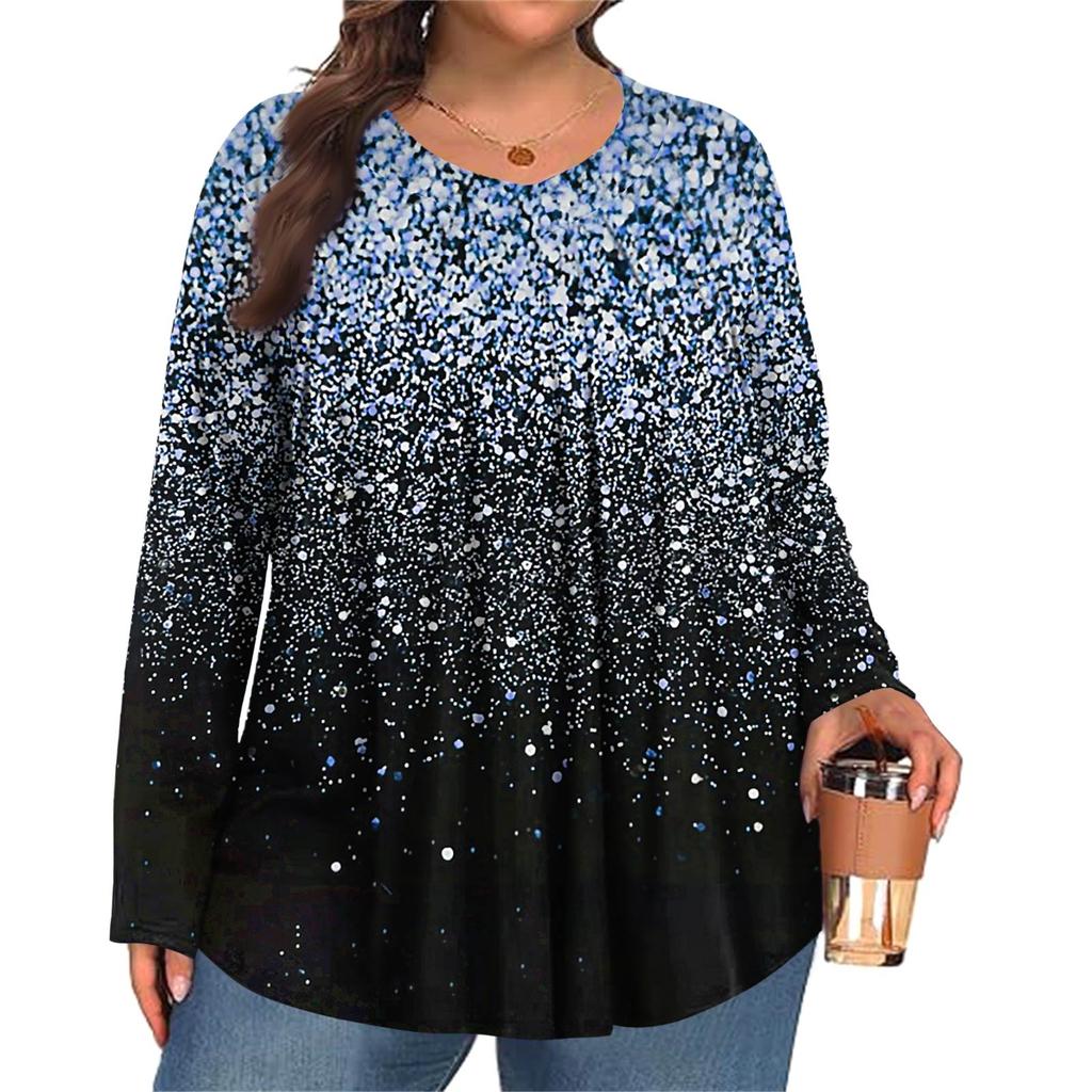 Women's Plus Size Fashion Printed Casual Pleated Round Neck Long Sleeve Top