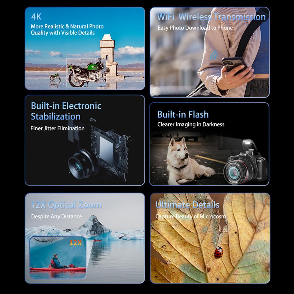 ORDRO G700 4K Цифровая камера Wi-Fi Цифровая видеокамера Видеокамера 64MP 3,0-дюймовый IPS-экран 12X