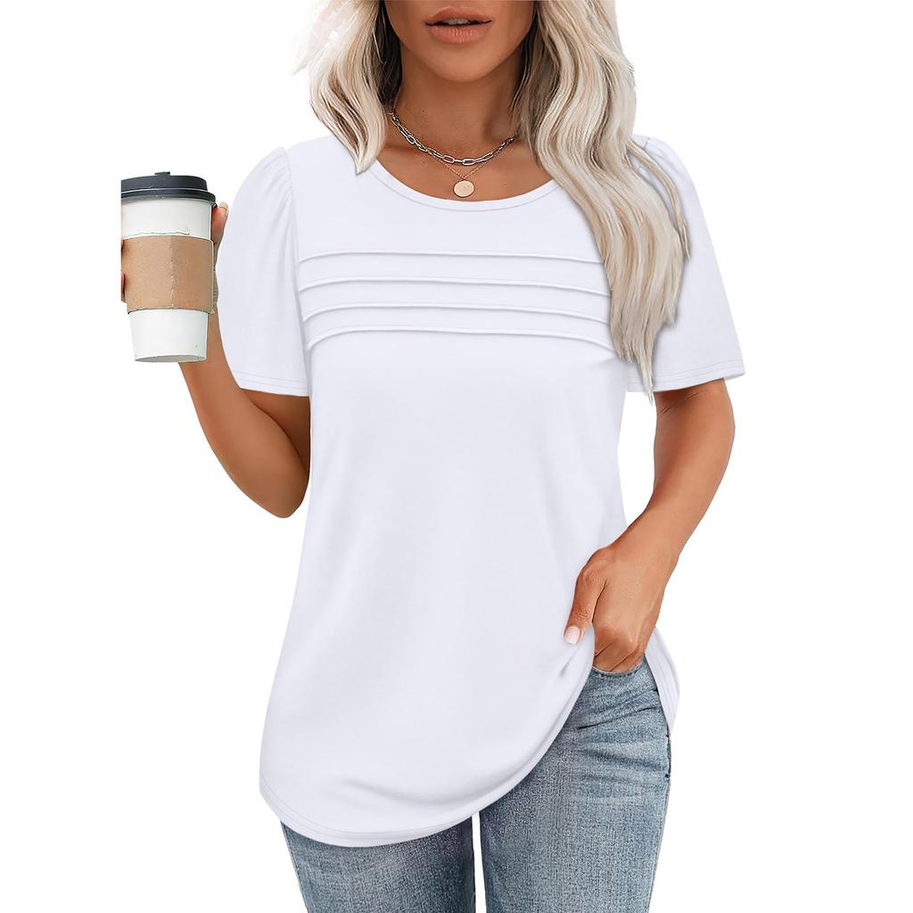 Fashion Tops Pleated Round Neck Short Sleeve T-Shirt