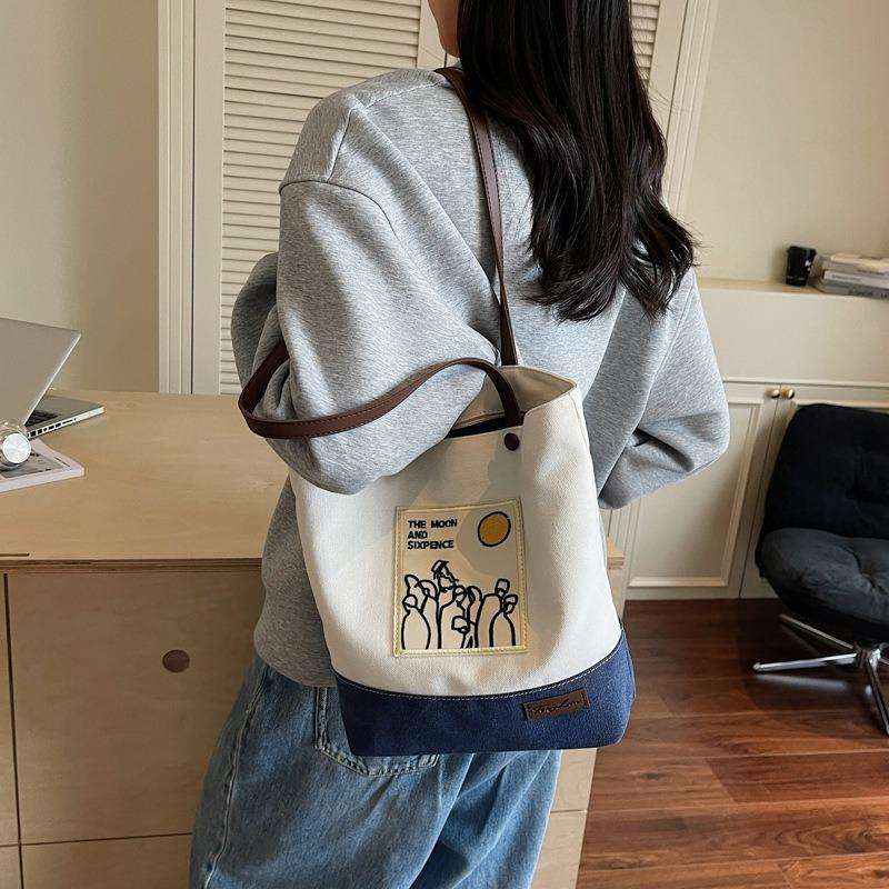 Large Capacity Canvas Bag Women's Summer New Casual Shoulder Shopping Bag Contrasting Color College Student Tote Bag