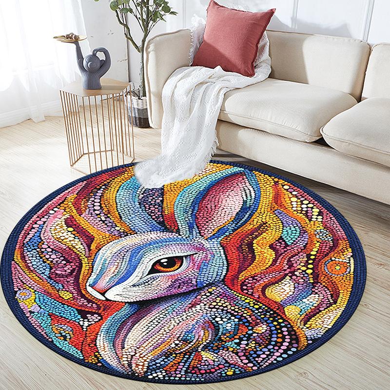 Rabbit Artwork Round Area Rug,Carpet Rug for Living Room Bedroom Sofa Playroom Decor,Non-slip Floor Mat