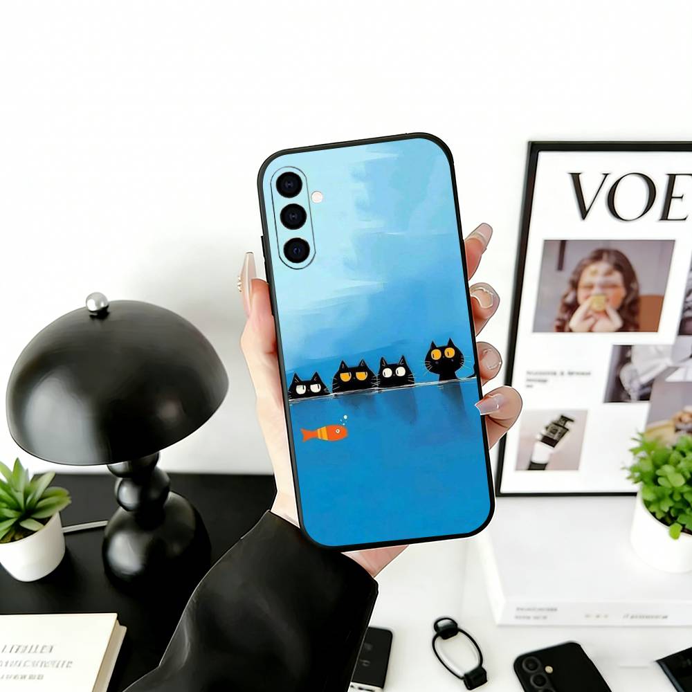 Милая иллюстрация черного кота Чехол для телефона для Samsung Galaxy A73, A72, A71, A70, A53, A52, A51, Мягкий силиконовый черный чехол