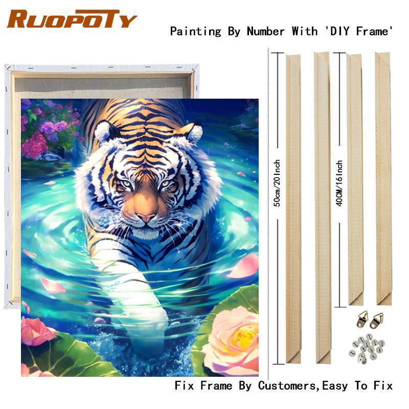 Рамка для рисования по номерам для взрослых, наборы тигров, животных, плавательный рисунок, раскраска по номерам для домашнего декора 40x50