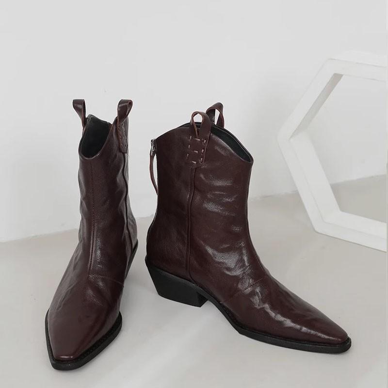 Винтажные женские ботильоны в западном стиле, сплошные, 2024, новые, с острым носком, на молнии, на низком каблуке, женские туфли, шикарные короткие ботинки, дизайн рыцаря