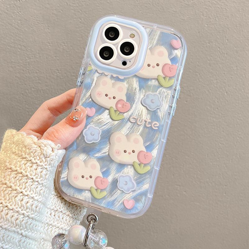 Rabbit Flowers Suitable for Apple 16 Mobile Phone Case 15pro Feather Yarn Iphone14promax Lens Full Package
